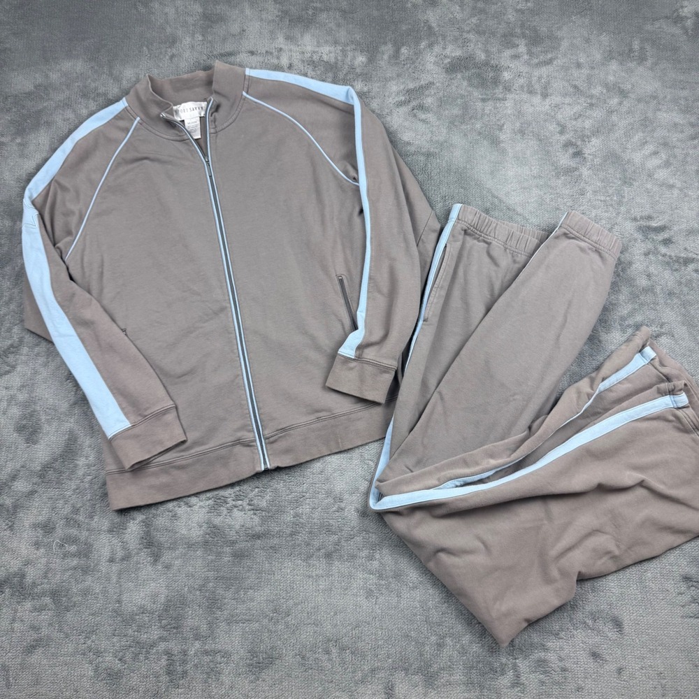 Sport Savvy Tracksuit Set Womens Medium Brown Blue Stripe Zip Jacket Pants 2pc